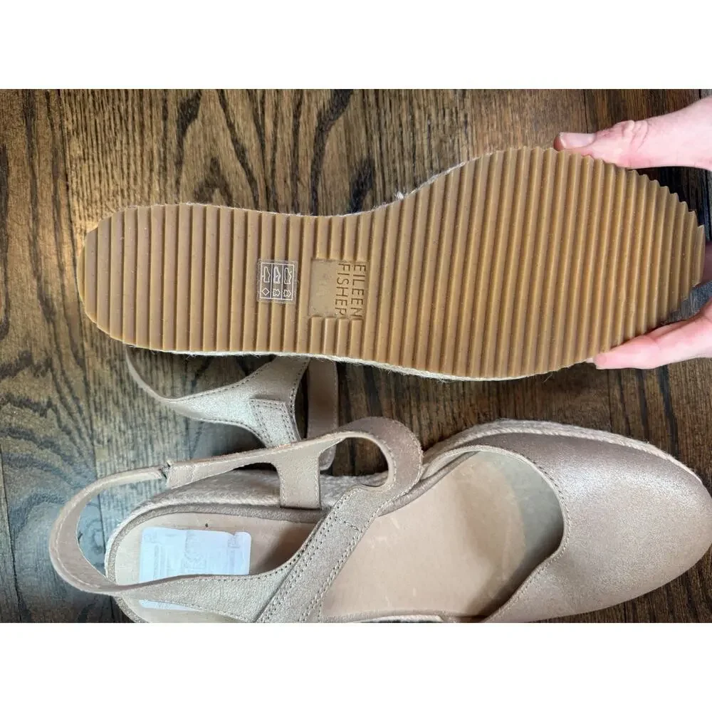 Eileen Fisher Nessa Espadrille Wedge Suede Leather Sandals Tan Beige Size 10 NEW